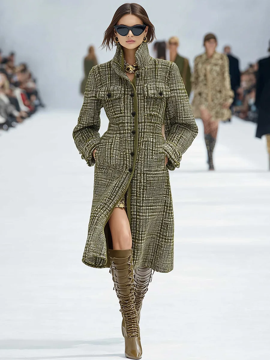 Retro Cool Stand Collar Olive Green Plaid Tweed Coat sold by Oyrosy product image thumbnail 2