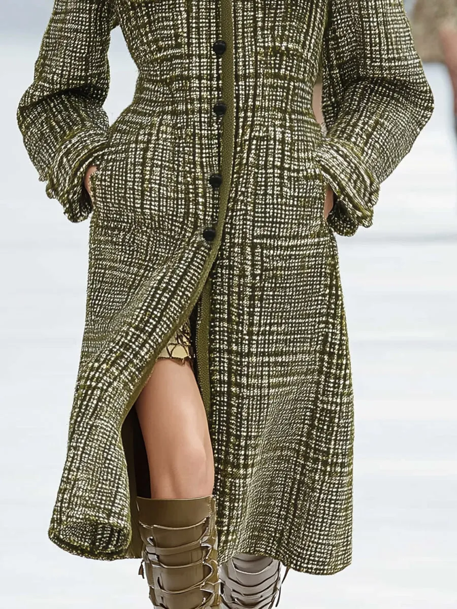 Retro Cool Stand Collar Olive Green Plaid Tweed Coat sold by Oyrosy product image thumbnail 4