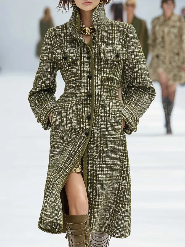 Retro Cool Stand Collar Olive Green Plaid Tweed Coat sold by Oyrosy