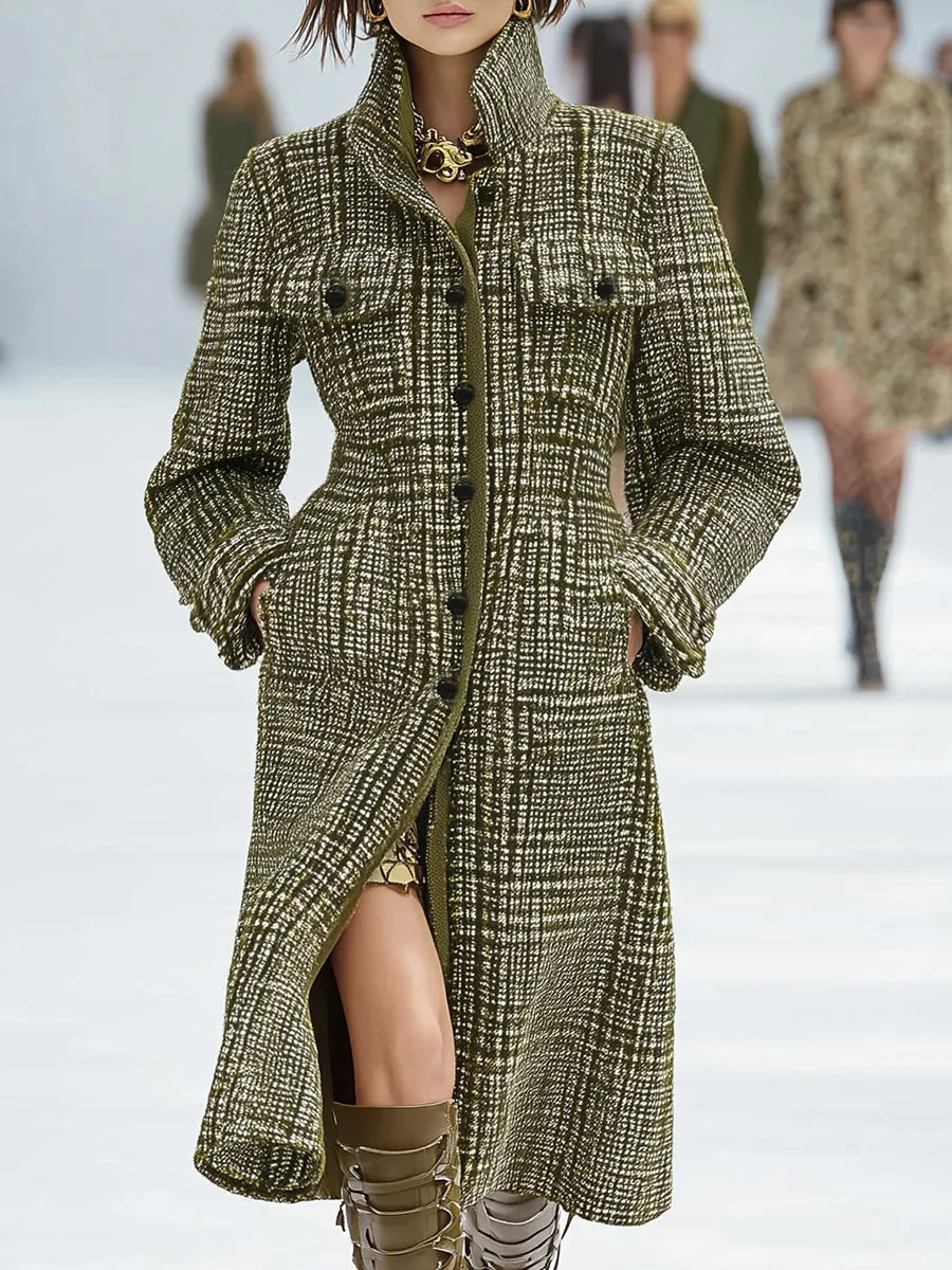 Retro Cool Stand Collar Olive Green Plaid Tweed Coat sold by Oyrosy