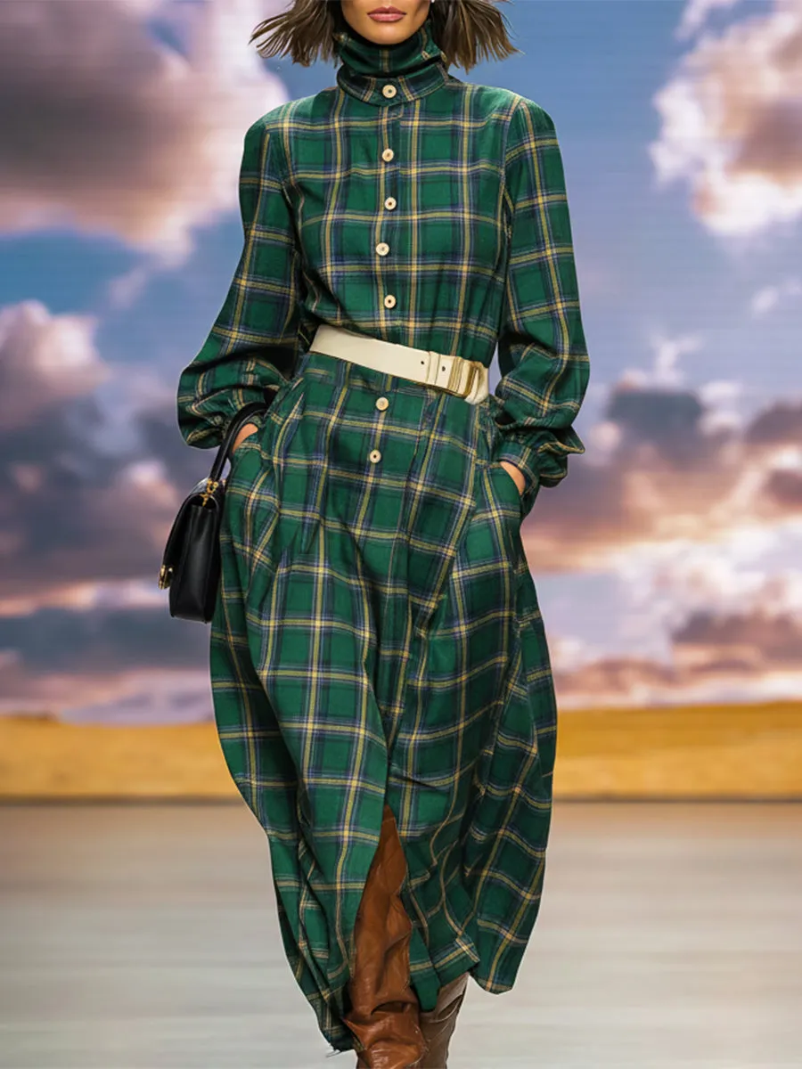 Retro Fashion High Collar Button Green Plaid Maxi Dress sold by Oyrosy