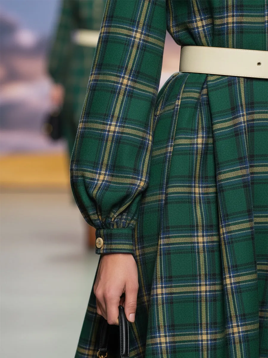 Retro Fashion High Collar Button Green Plaid Maxi Dress sold by Oyrosy product image thumbnail 5