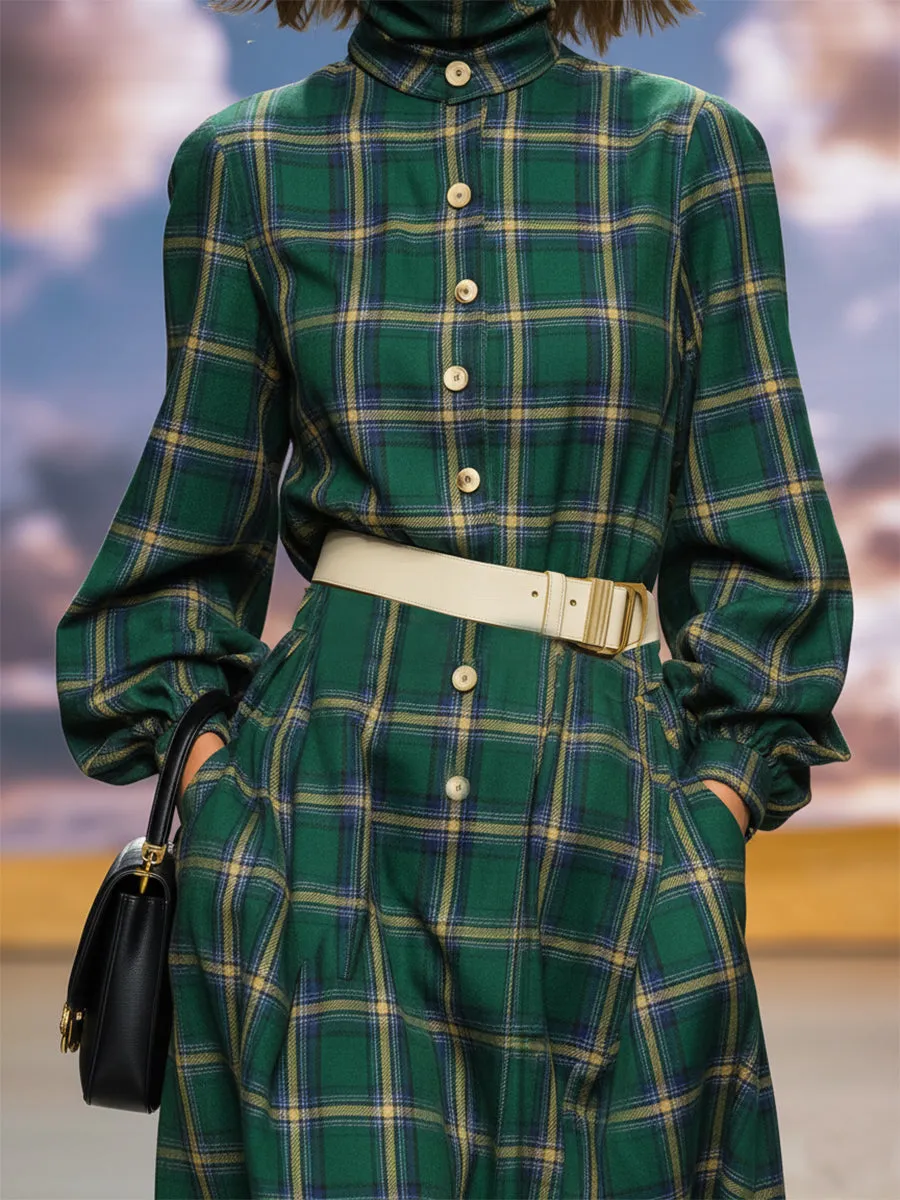 Retro Fashion High Collar Button Green Plaid Maxi Dress sold by Oyrosy product image thumbnail 4