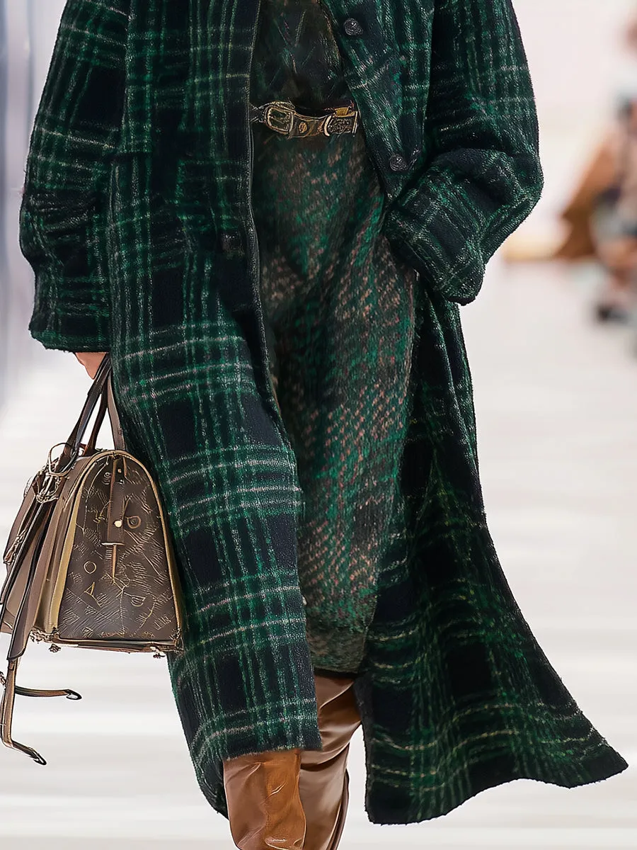 Casual Retro Dark Green Plaid Coat sold by Oyrosy product image thumbnail 4