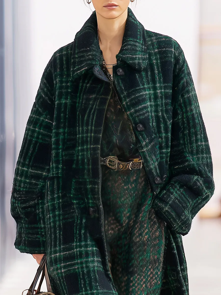 Casual Retro Dark Green Plaid Coat sold by Oyrosy product image thumbnail 3