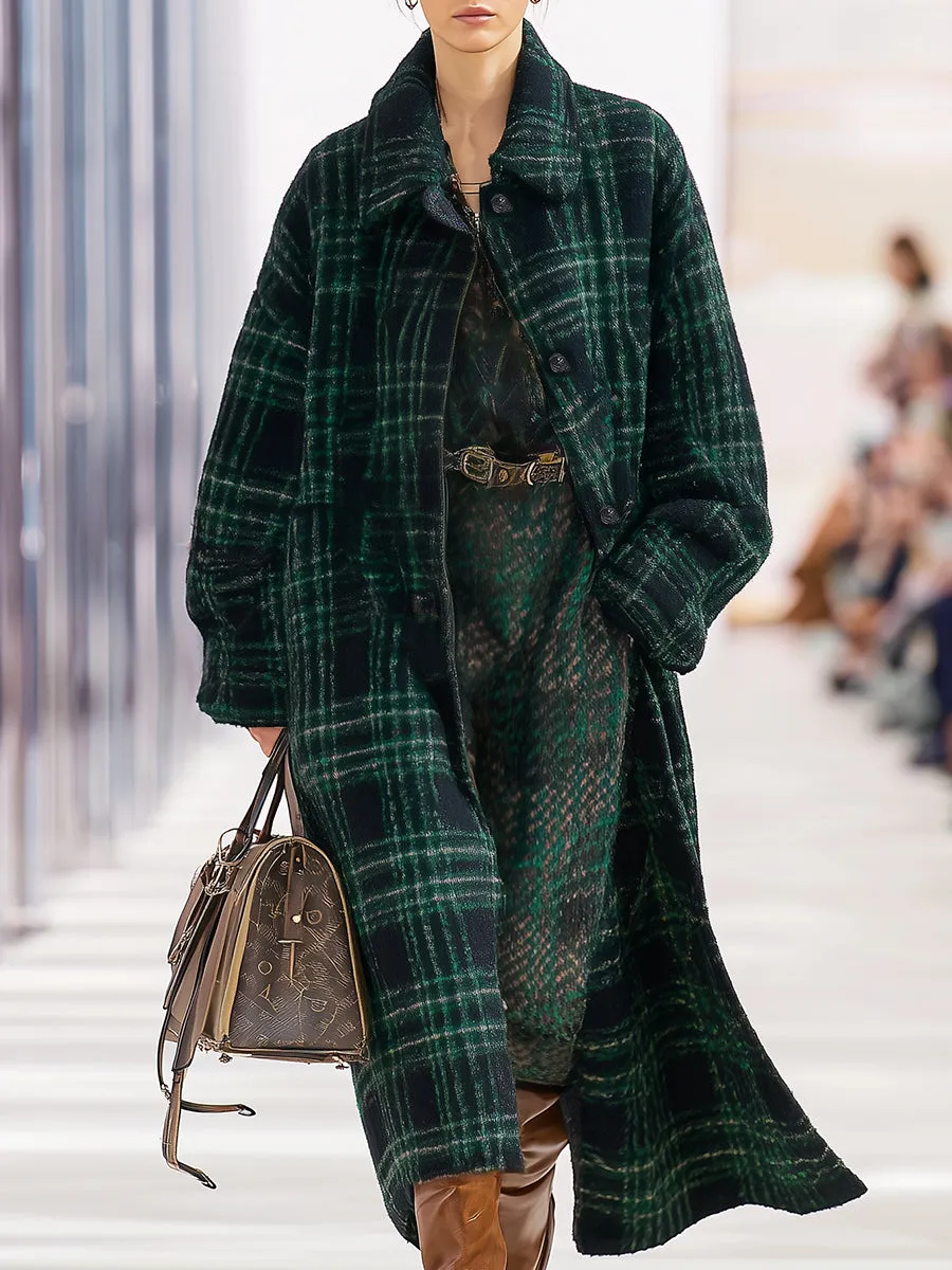 Casual Retro Dark Green Plaid Coat sold by Oyrosy