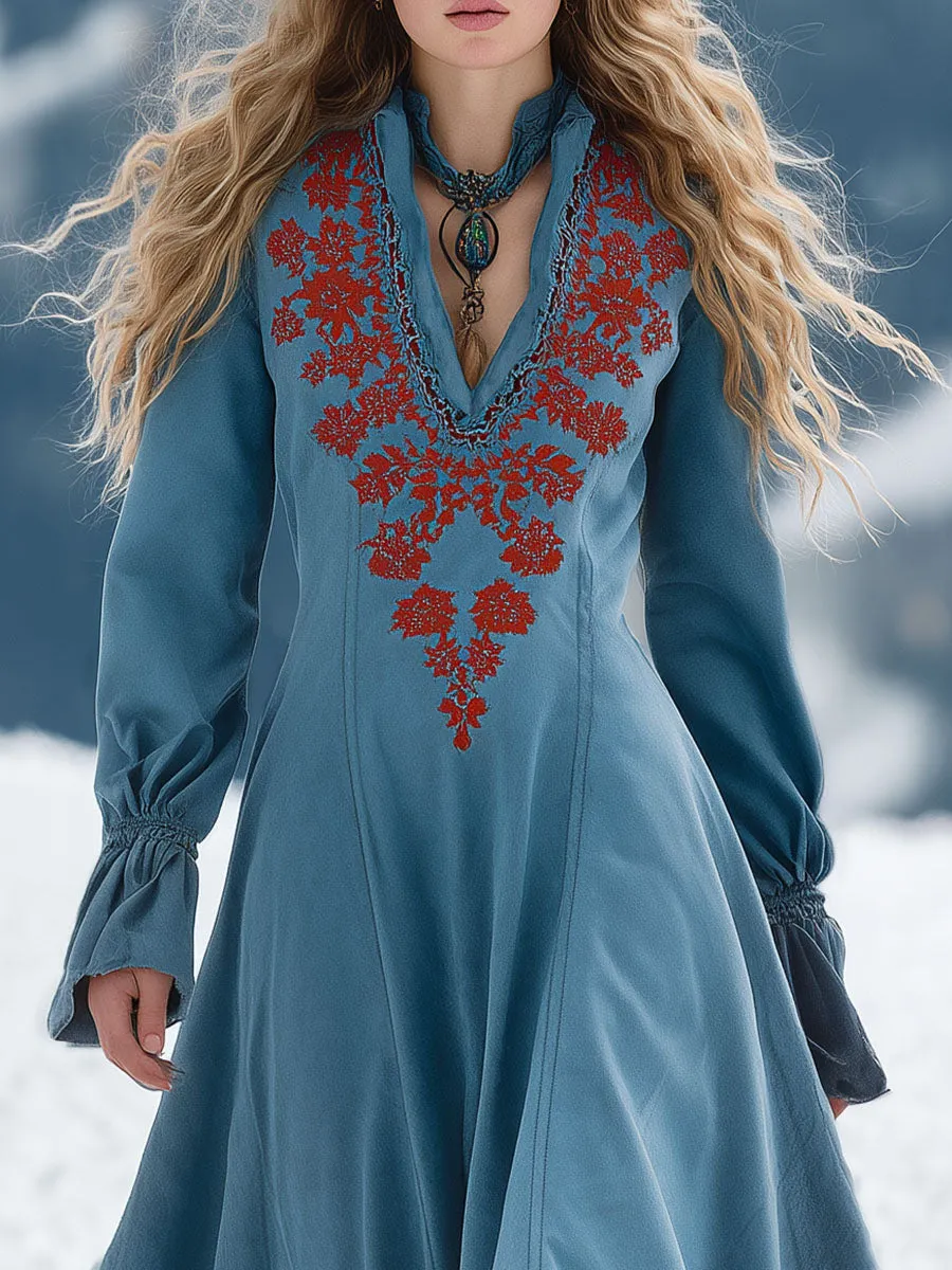 Retro Western Style V-Neck Red Embroidery Blue Suede Maxi Dress sold by Oyrosy product image thumbnail 3