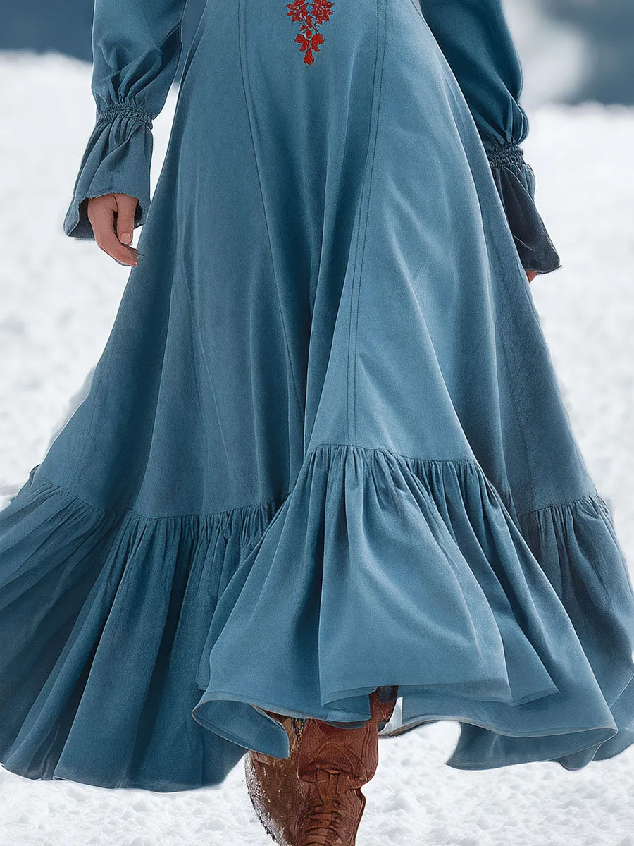 Retro Western Style V-Neck Red Embroidery Blue Suede Maxi Dress sold by Oyrosy product image thumbnail 4