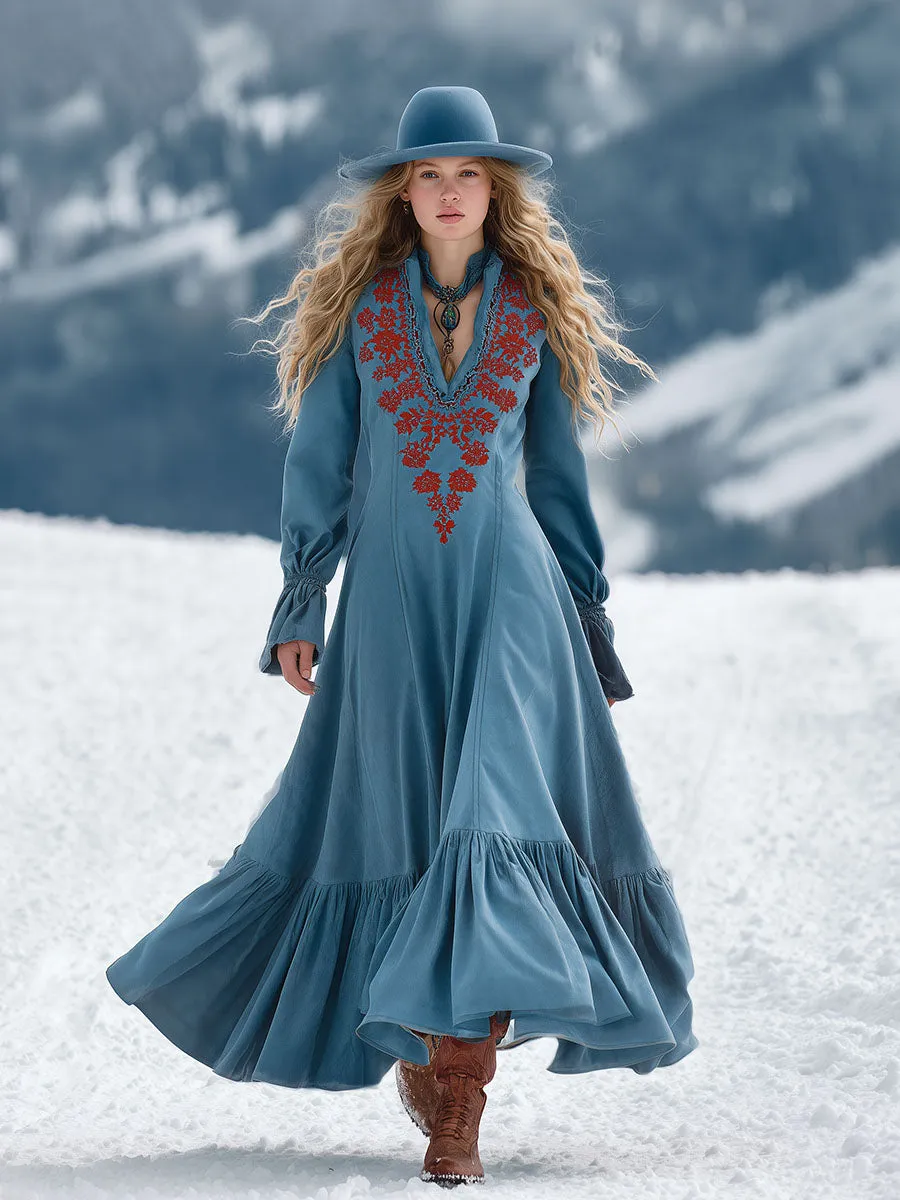 Retro Western Style V-Neck Red Embroidery Blue Suede Maxi Dress sold by Oyrosy product image thumbnail 2
