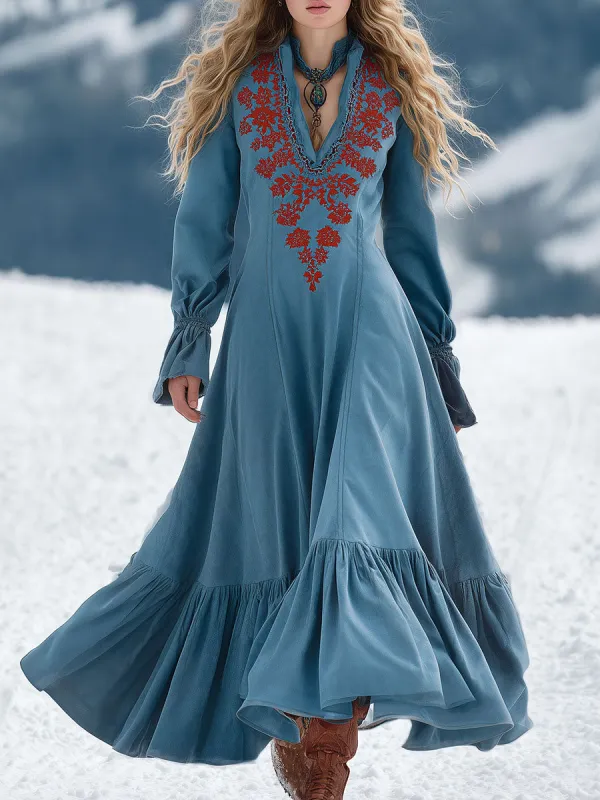 Retro Western Style V-Neck Red Embroidery Blue Suede Maxi Dress sold by Oyrosy