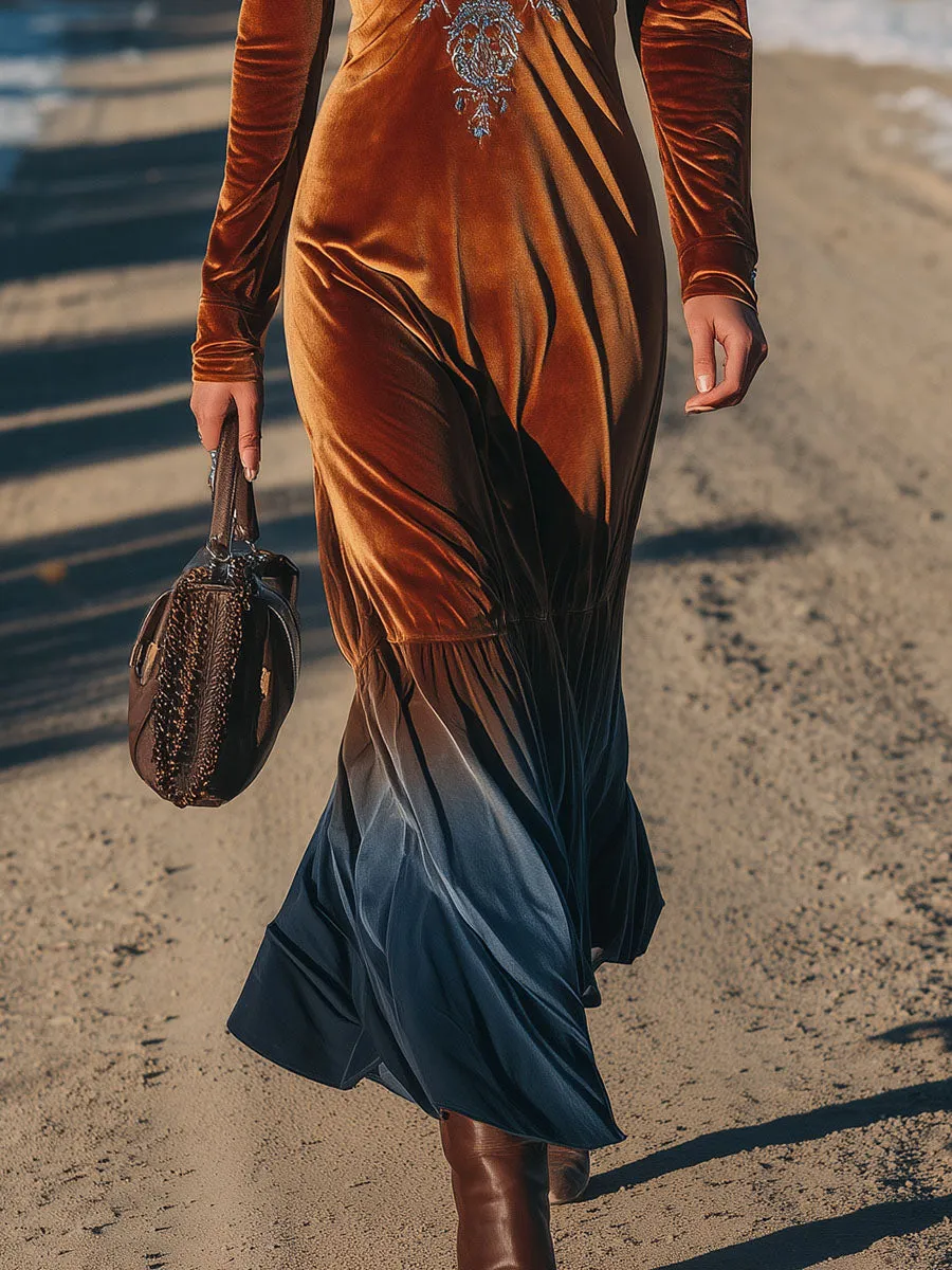 Retro Western Style Hooded Embroidered Velvet Gradient Maxi Dress sold by Oyrosy product image thumbnail 4