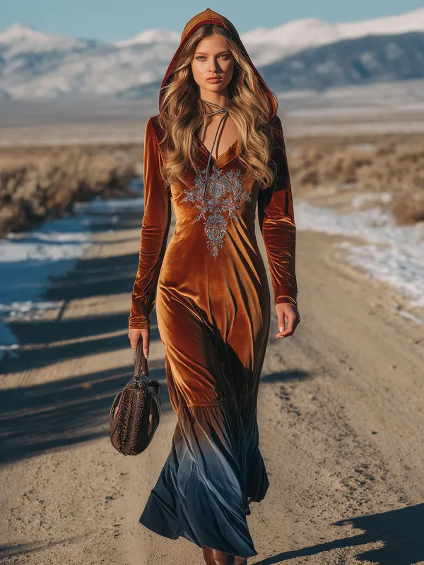 Retro Western Style Hooded Embroidered Velvet Gradient Maxi Dress sold by Oyrosy