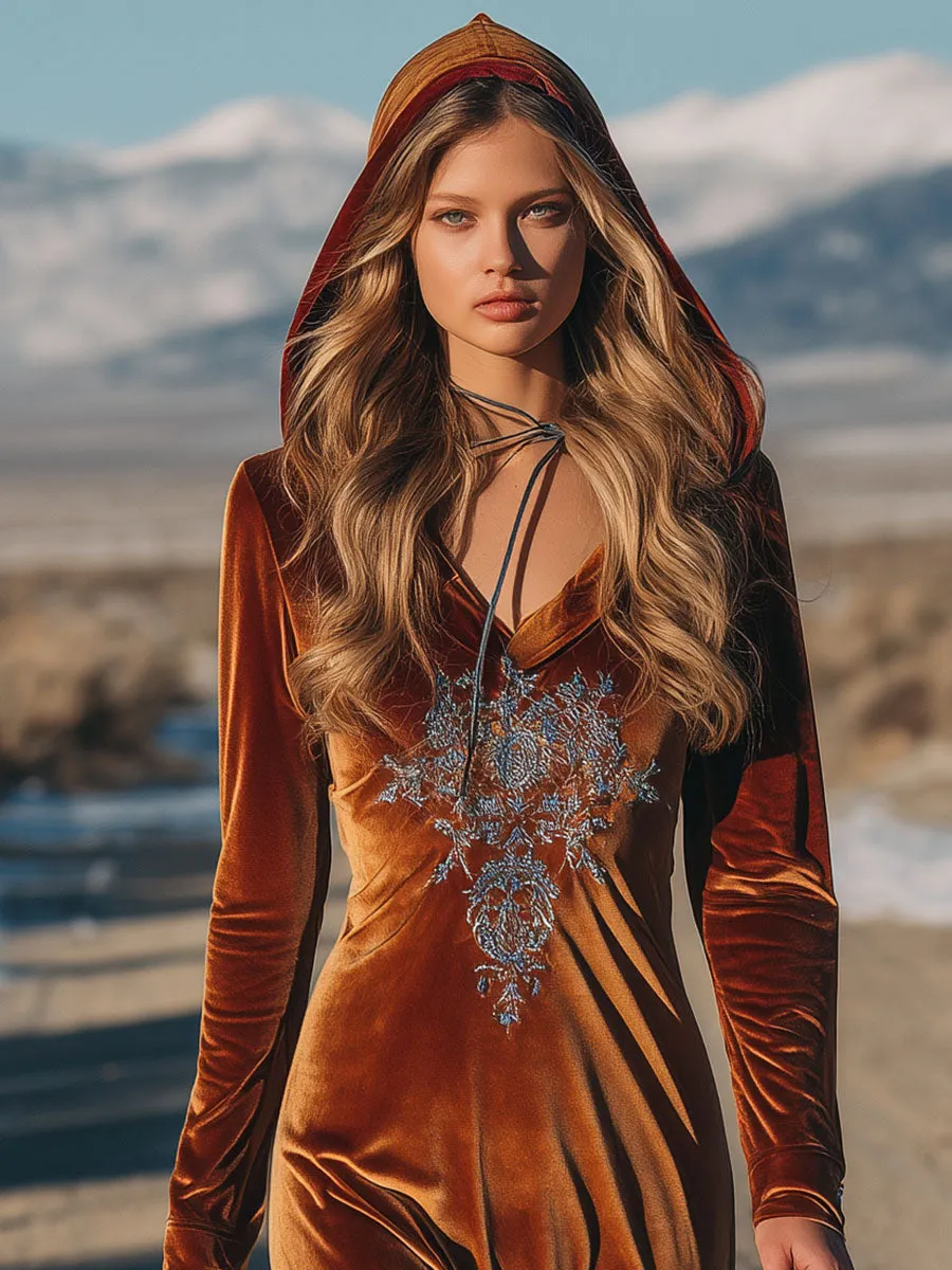 Retro Western Style Hooded Embroidered Velvet Gradient Maxi Dress sold by Oyrosy product image thumbnail 3