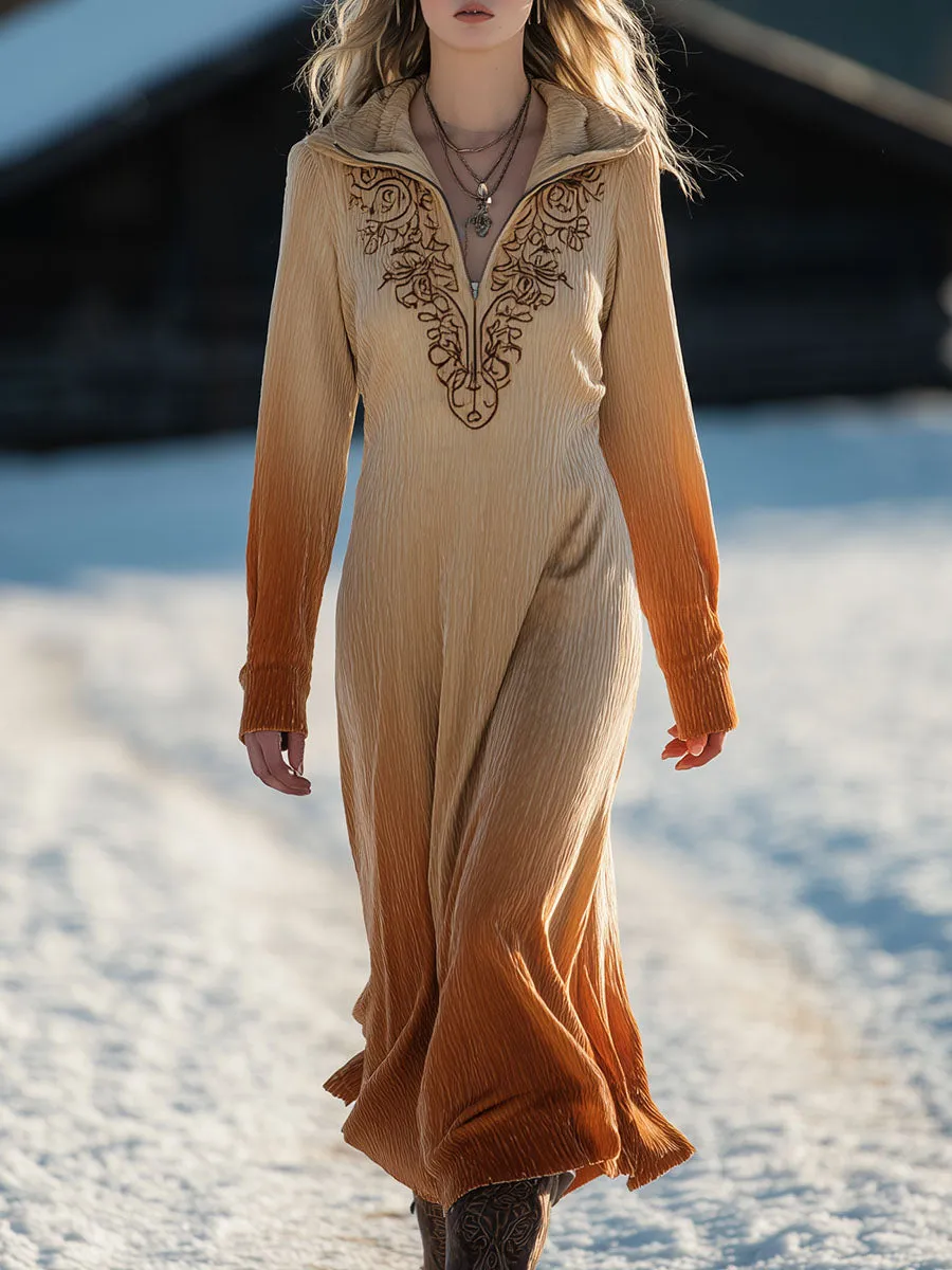 Vintage Western Style Lapel Embroidered Velvet Gradient Maxi Dress sold by Oyrosy