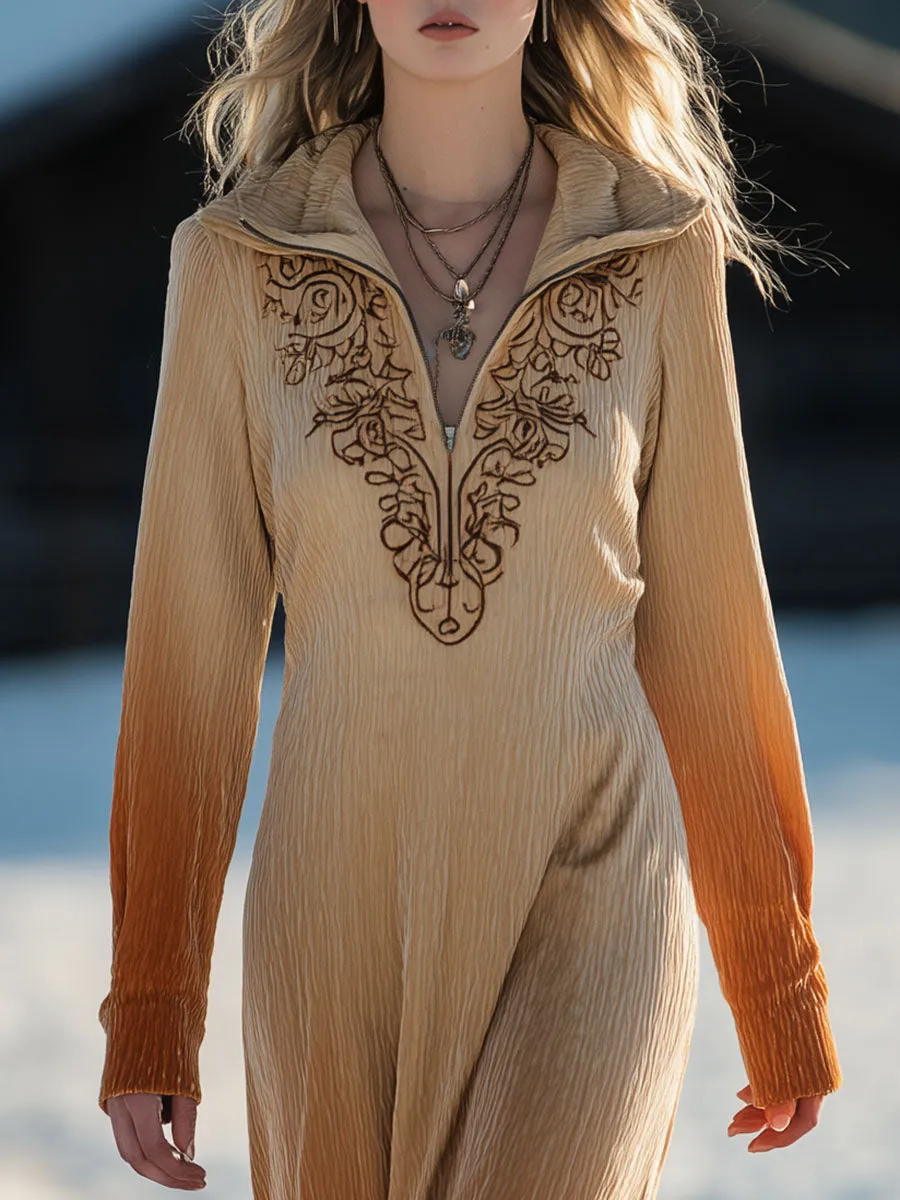 Vintage Western Style Lapel Embroidered Velvet Gradient Maxi Dress sold by Oyrosy product image thumbnail 3