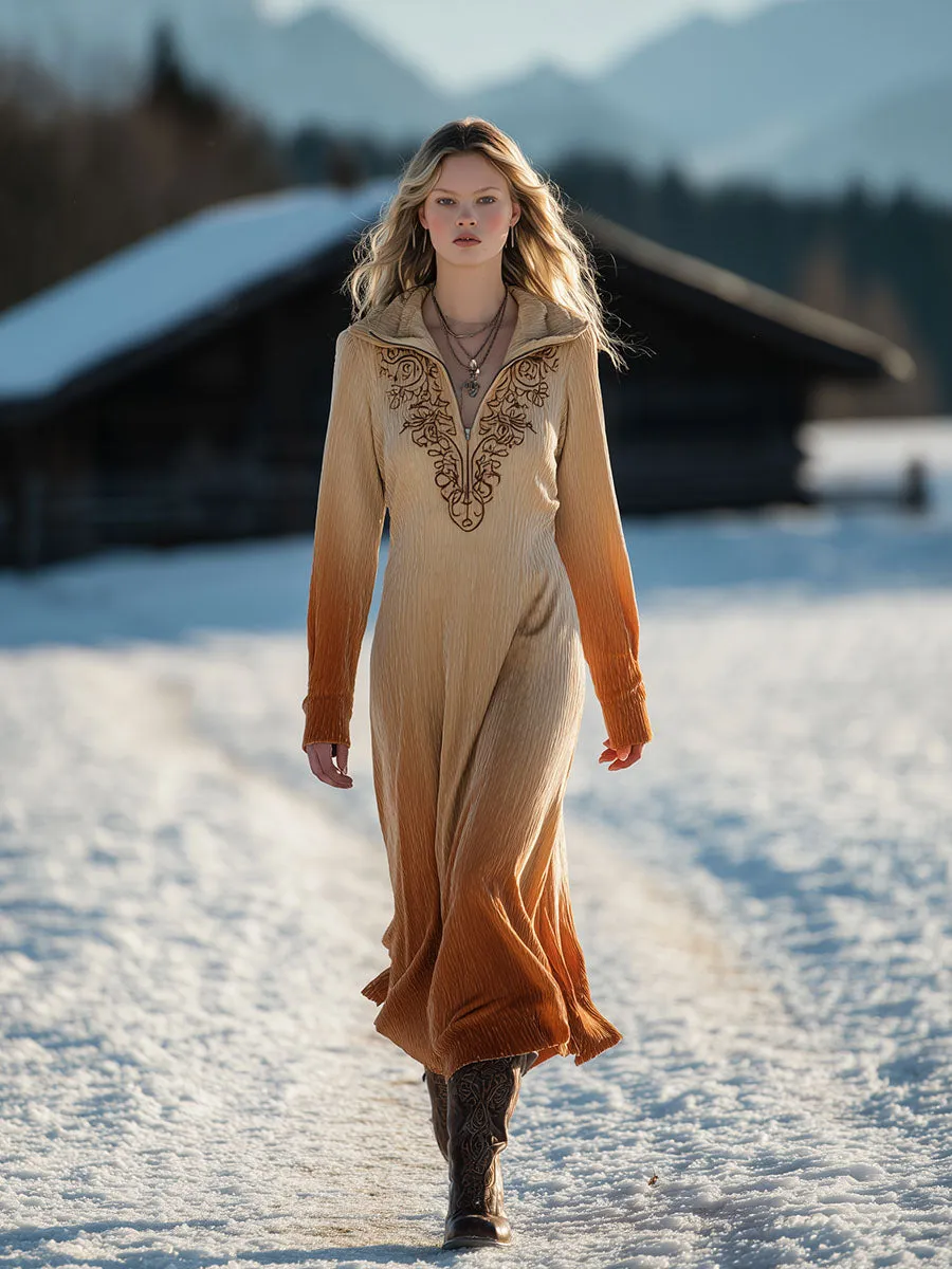 Vintage Western Style Lapel Embroidered Velvet Gradient Maxi Dress sold by Oyrosy product image thumbnail 2