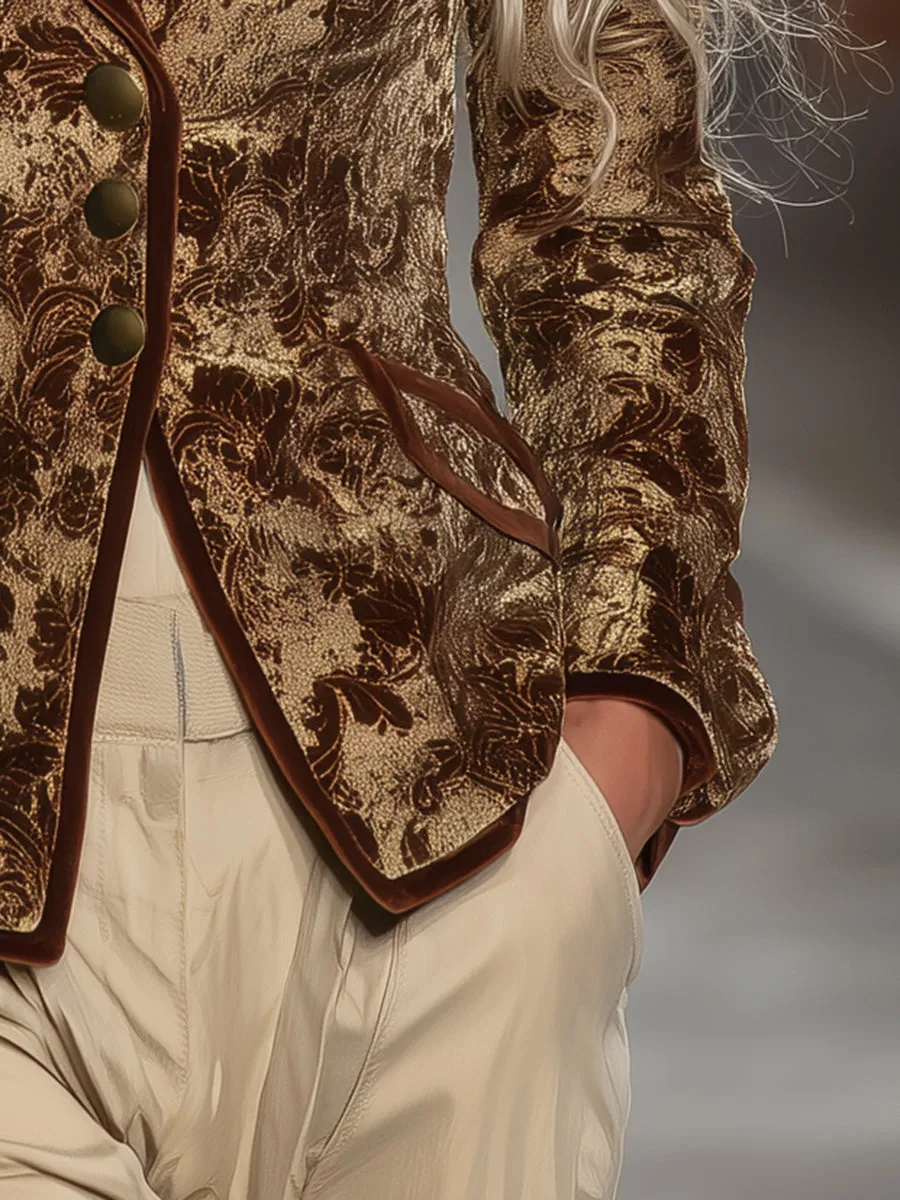 Retro And Fashionable Wine Red Printed Khaki Velvet Blazer sold by Oyrosy product image thumbnail 4