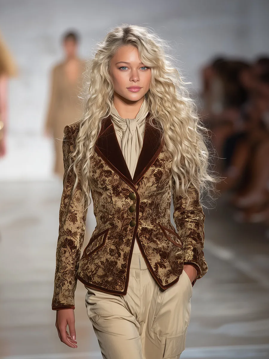 Retro And Fashionable Wine Red Printed Khaki Velvet Blazer sold by Oyrosy product image thumbnail 2