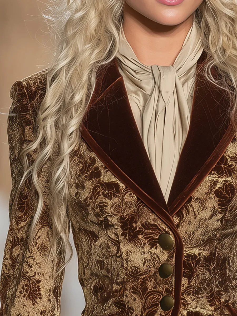 Retro And Fashionable Wine Red Printed Khaki Velvet Blazer sold by Oyrosy product image thumbnail 3