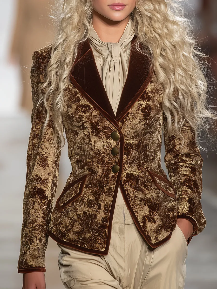 Retro And Fashionable Wine Red Printed Khaki Velvet Blazer sold by Oyrosy