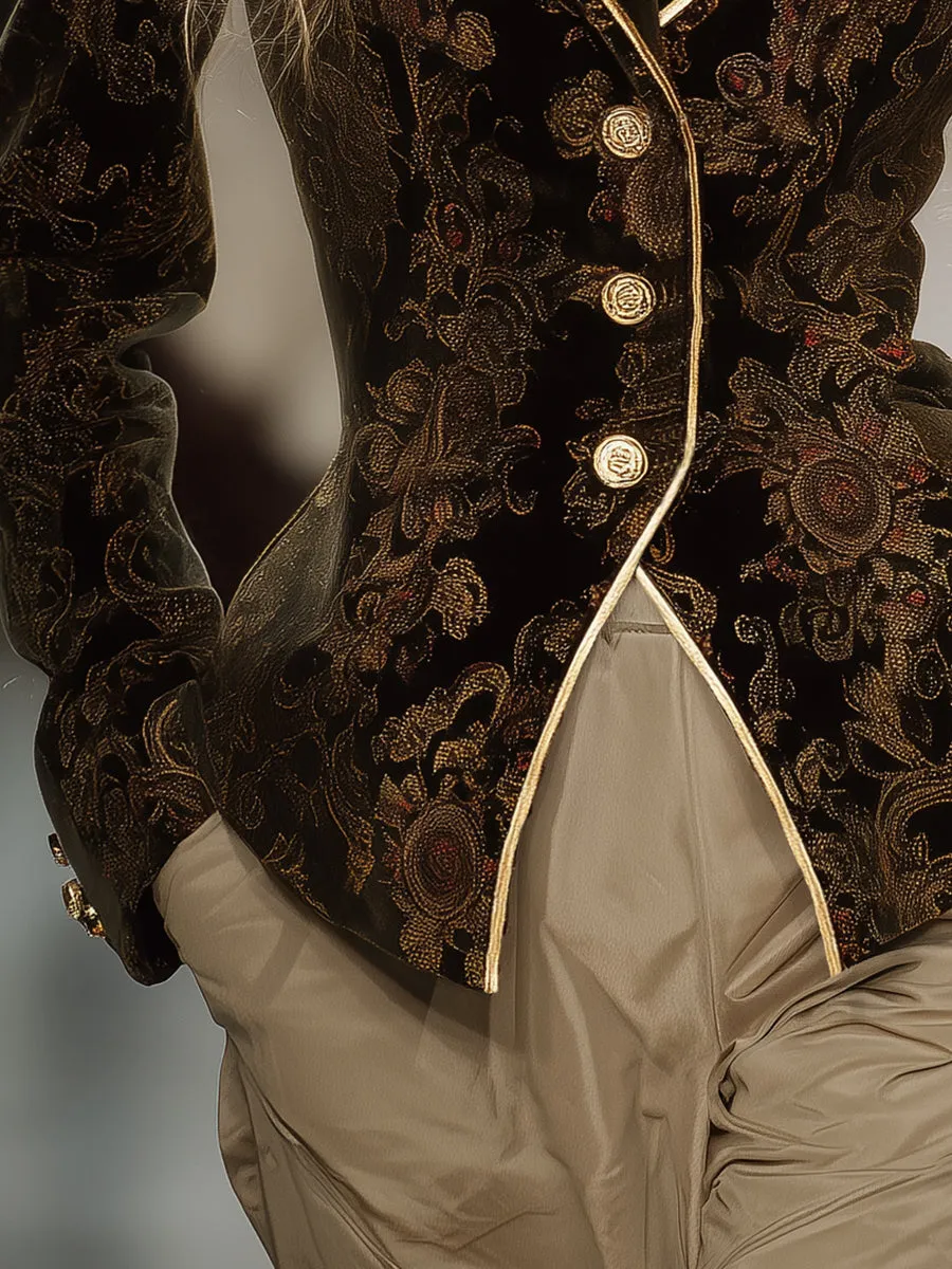 Retro And Fashionable Gold Trim Velvet Printed Blazer sold by Oyrosy product image thumbnail 4