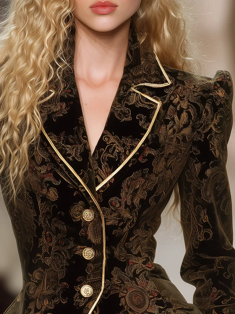 Retro And Fashionable Gold Trim Velvet Printed Blazer sold by Oyrosy product image thumbnail 3