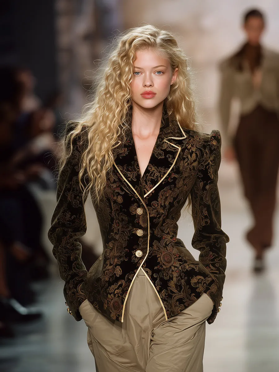 Retro And Fashionable Gold Trim Velvet Printed Blazer sold by Oyrosy product image thumbnail 2