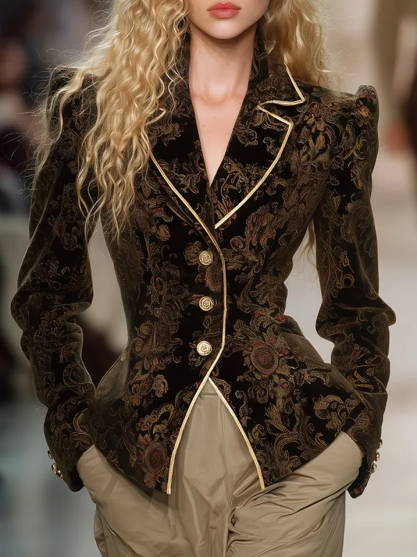 Retro And Fashionable Gold Trim Velvet Printed Blazer sold by Oyrosy