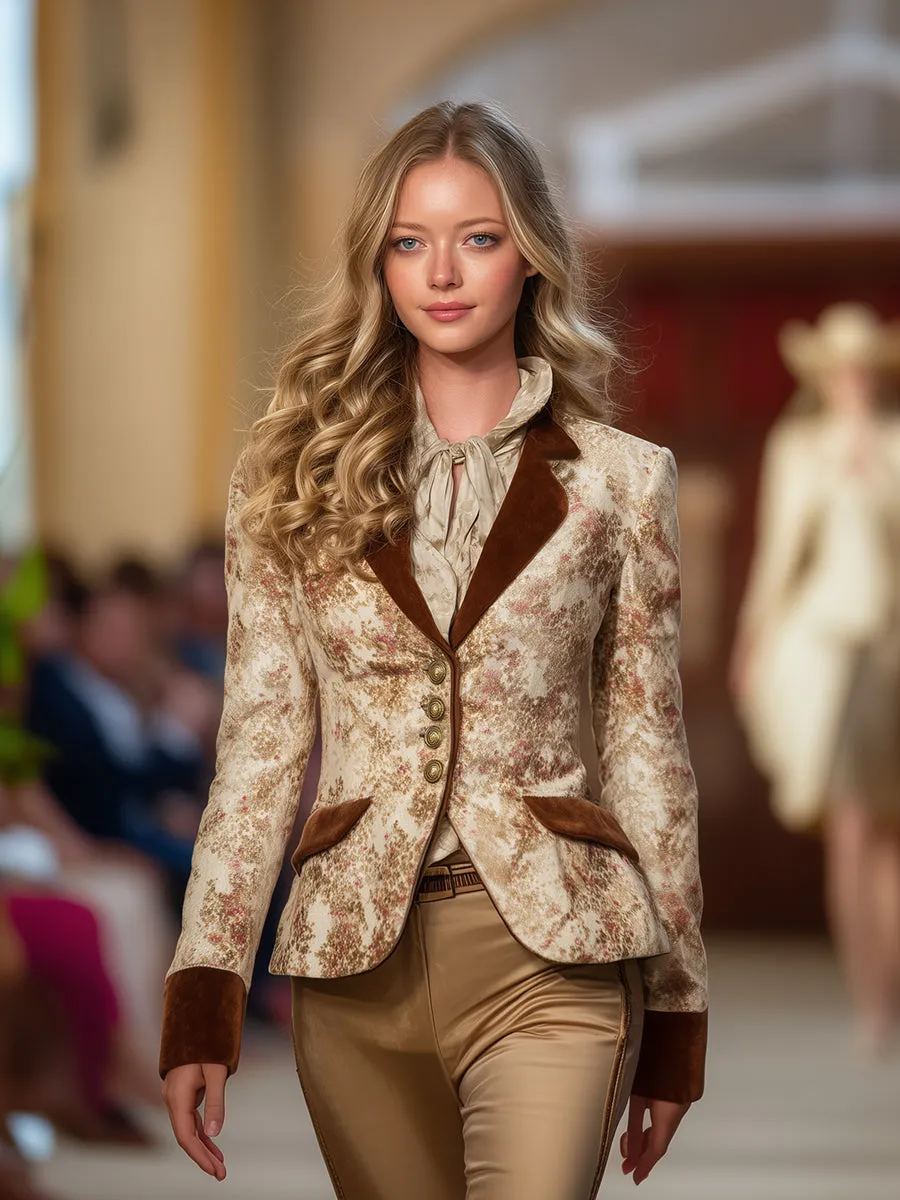 Retro And Fashionable Color-block Collar Velvet Print Blazer sold by Oyrosy product image thumbnail 2