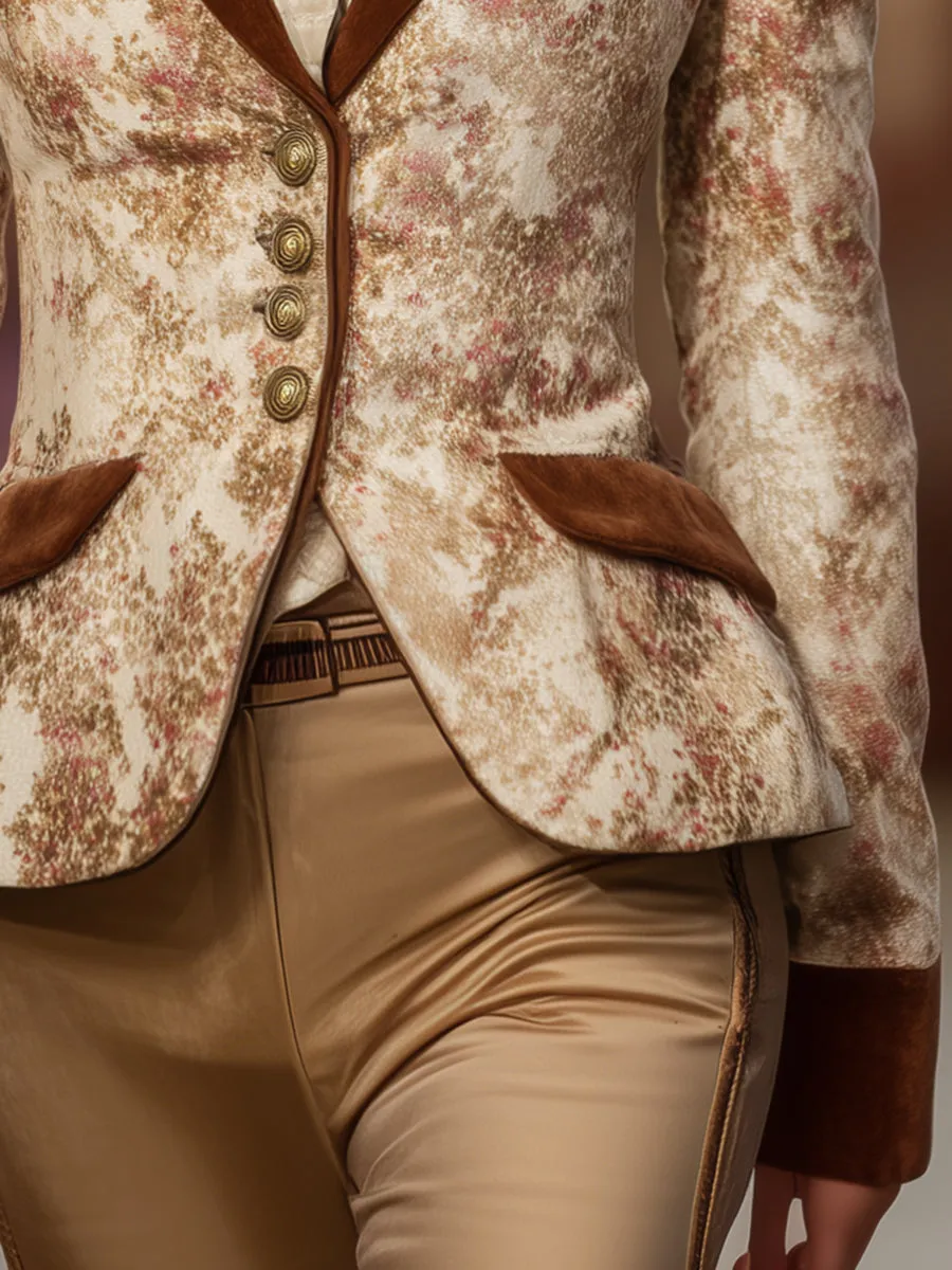 Retro And Fashionable Color-block Collar Velvet Print Blazer sold by Oyrosy product image thumbnail 4