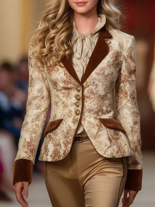 Retro And Fashionable Color-block Collar Velvet Print Blazer sold by Oyrosy