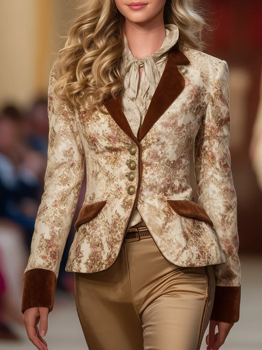 Retro And Fashionable Color-block Collar Velvet Print Blazer sold by Oyrosy