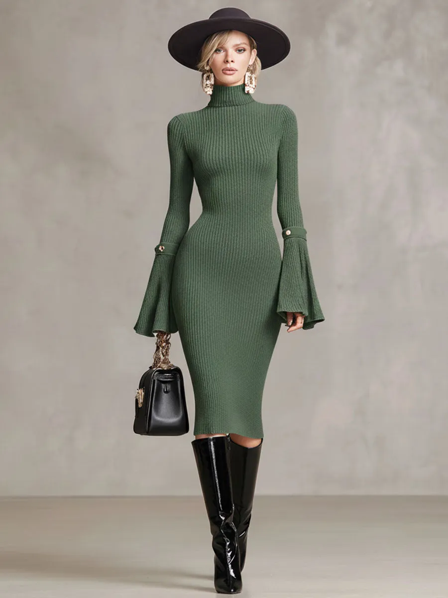 Fashion Retro Moss Green Knitted High Collar Midi Dress sold by Oyrosy product image thumbnail 2