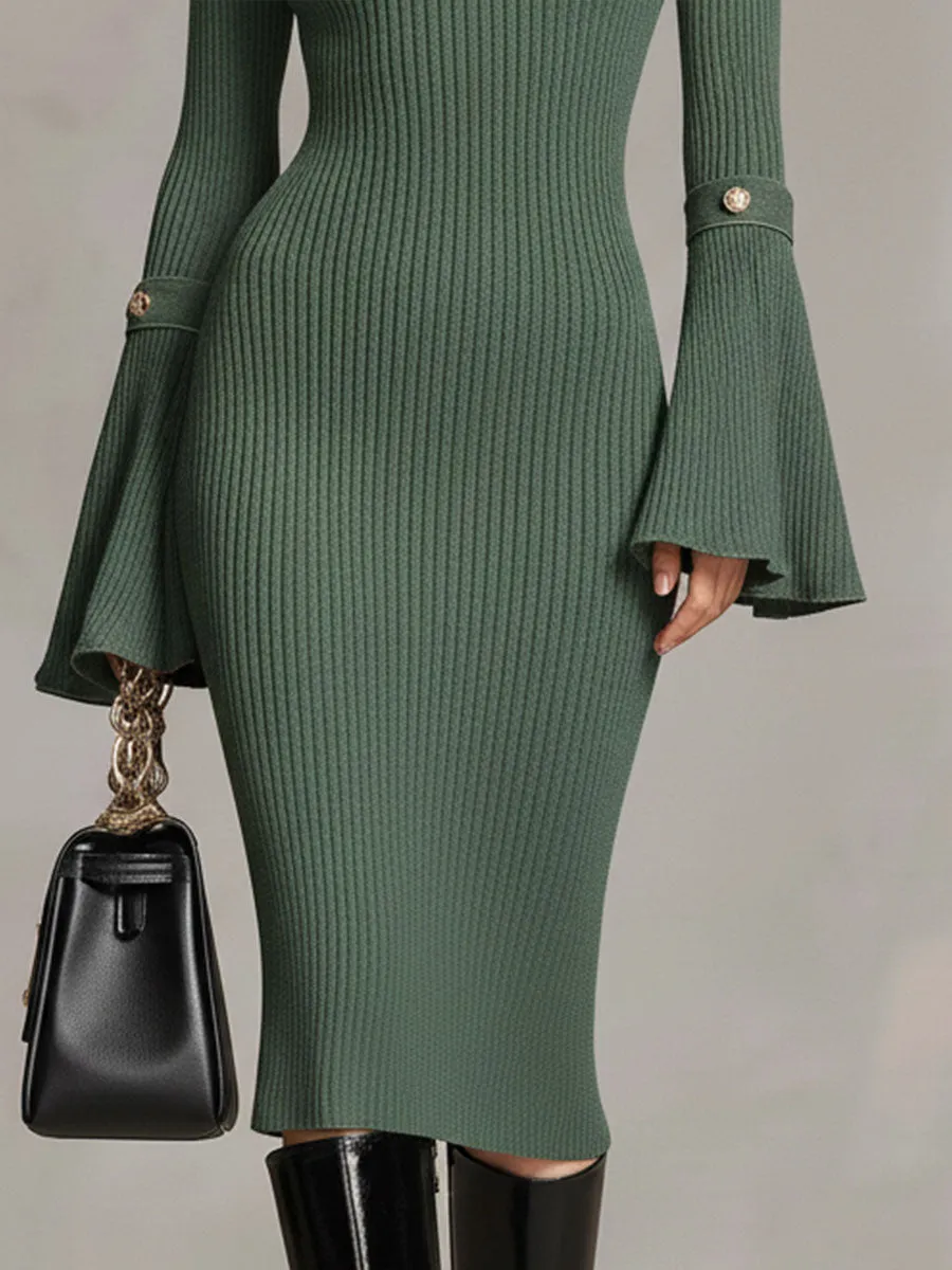 Fashion Retro Moss Green Knitted High Collar Midi Dress sold by Oyrosy product image thumbnail 4