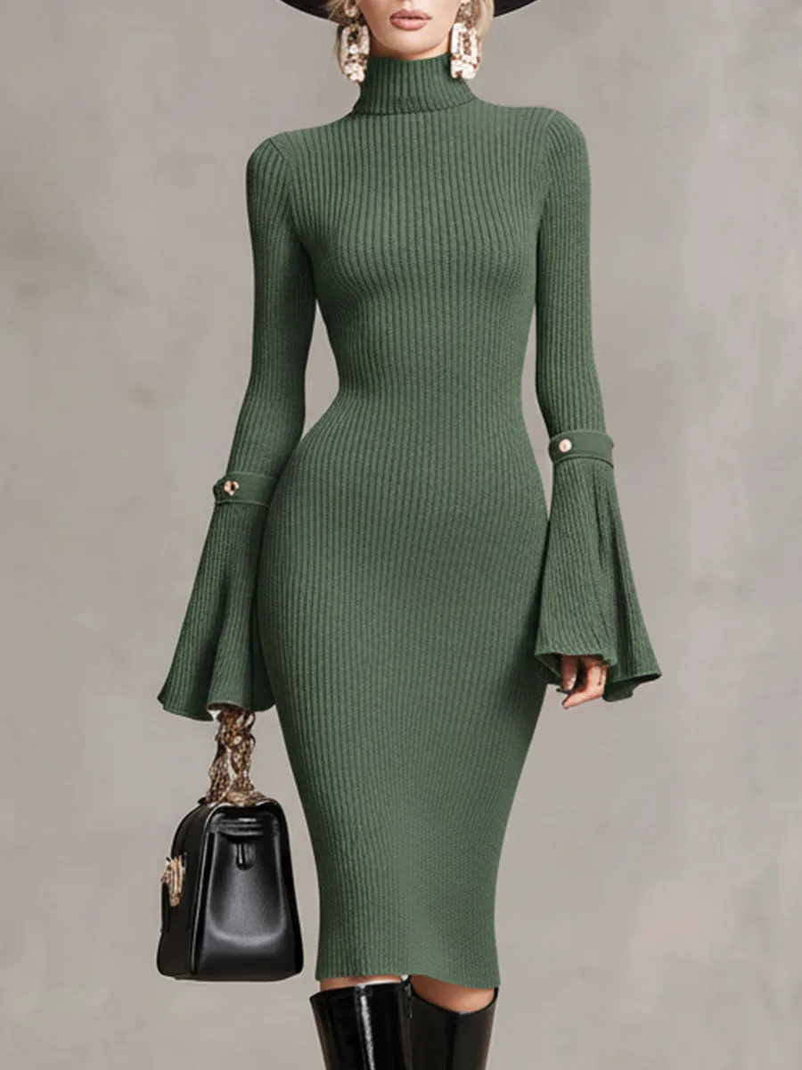 Fashion Retro Moss Green Knitted High Collar Midi Dress sold by Oyrosy
