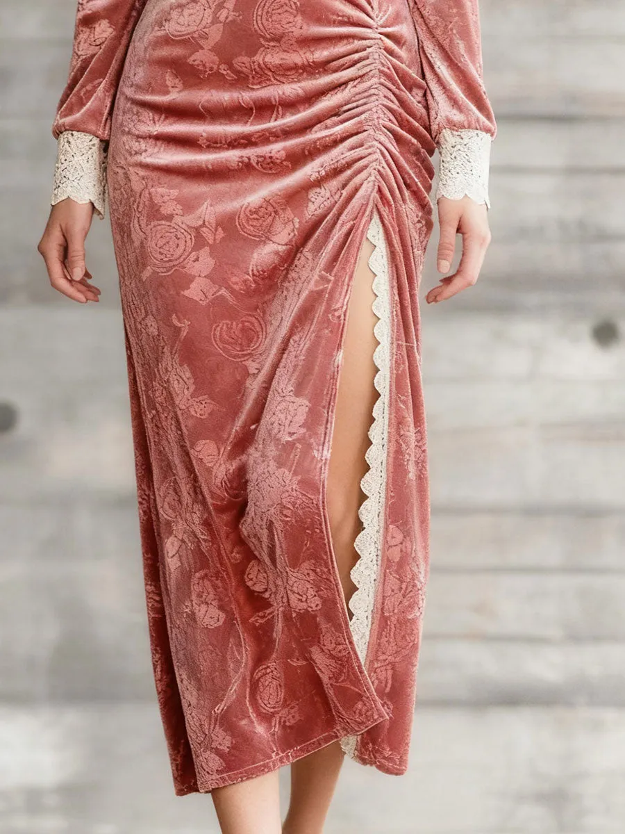 Vintage Exquisite Pink Velvet Print Midi Dress sold by Oyrosy product image thumbnail 4
