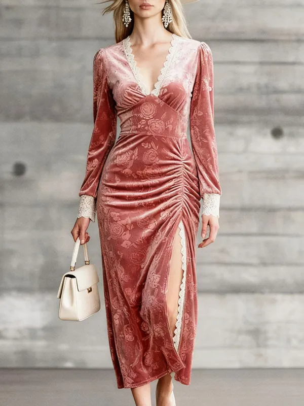 Vintage Exquisite Pink Velvet Print Midi Dress sold by Oyrosy