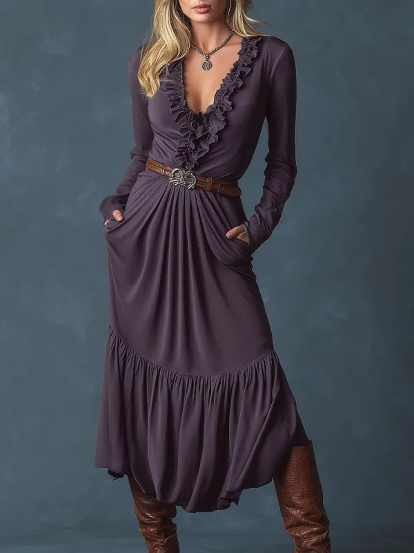 Fashion Retro Purple Ruffled V-Neck Midi Dress sold by Oyrosy