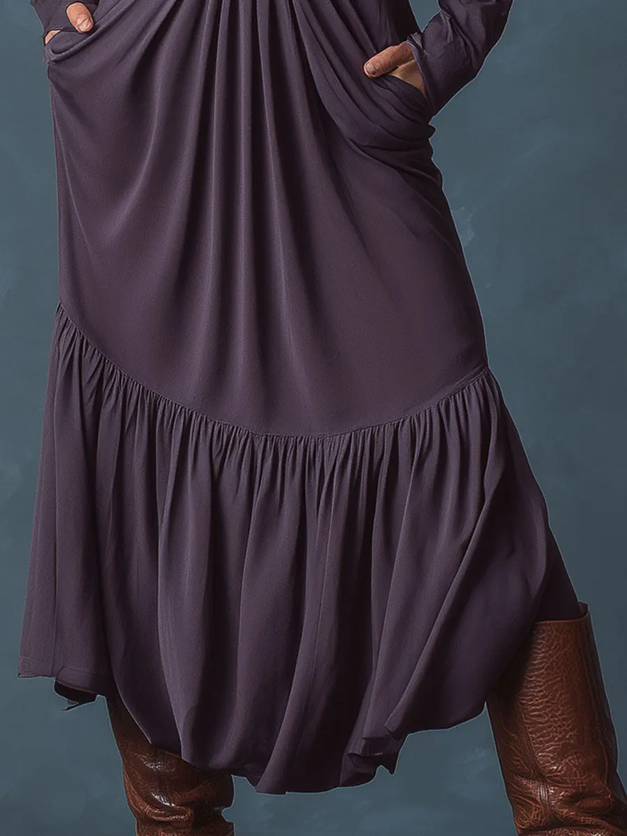 Fashion Retro Purple Ruffled V-Neck Midi Dress sold by Oyrosy product image thumbnail 4