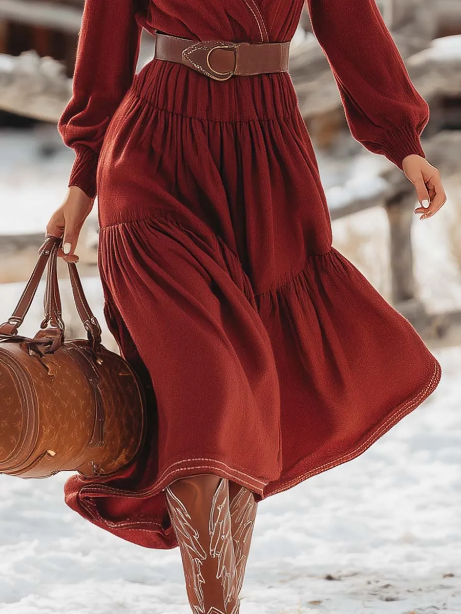 Vintage Western V-neck Bubble Hem Maroon Wool Midi Dress sold by Oyrosy product image thumbnail 3