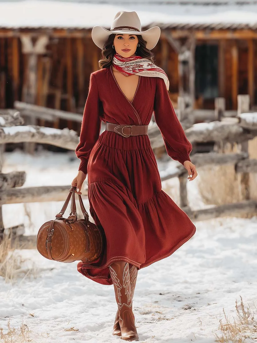 Vintage Western V-neck Bubble Hem Maroon Wool Midi Dress sold by Oyrosy product image thumbnail 2