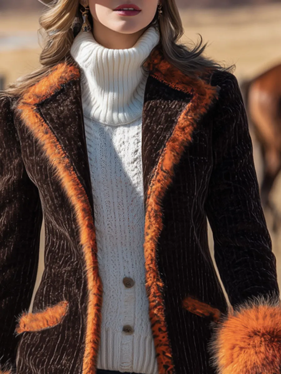 Western Vintage Faux Fur Trim Cocoa Brown Corduroy Coat sold by Oyrosy product image thumbnail 3