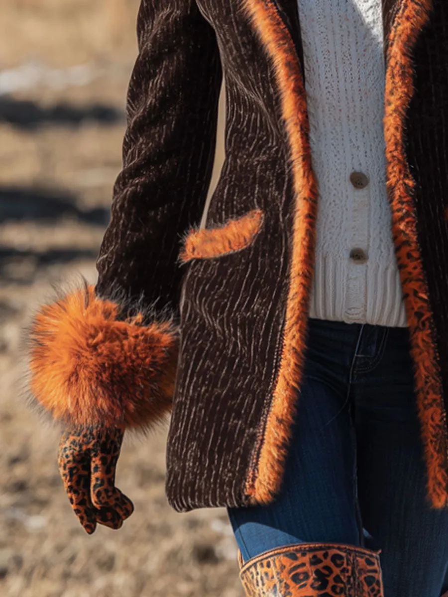 Western Vintage Faux Fur Trim Cocoa Brown Corduroy Coat sold by Oyrosy product image thumbnail 4