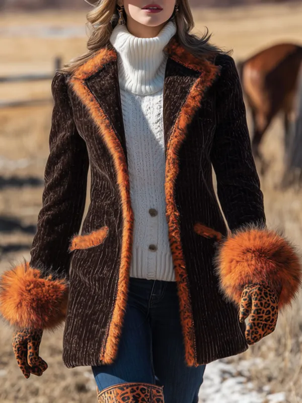 Western Vintage Faux Fur Trim Cocoa Brown Corduroy Coat sold by Oyrosy
