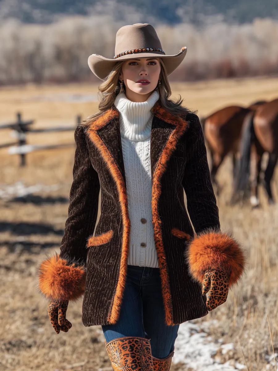 Western Vintage Faux Fur Trim Cocoa Brown Corduroy Coat sold by Oyrosy product image thumbnail 2