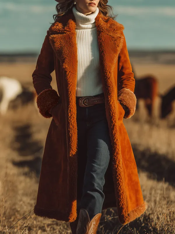 Western Vintage Warm Polar Fleece Lined Orange Faux Suede Coat sold by Oyrosy