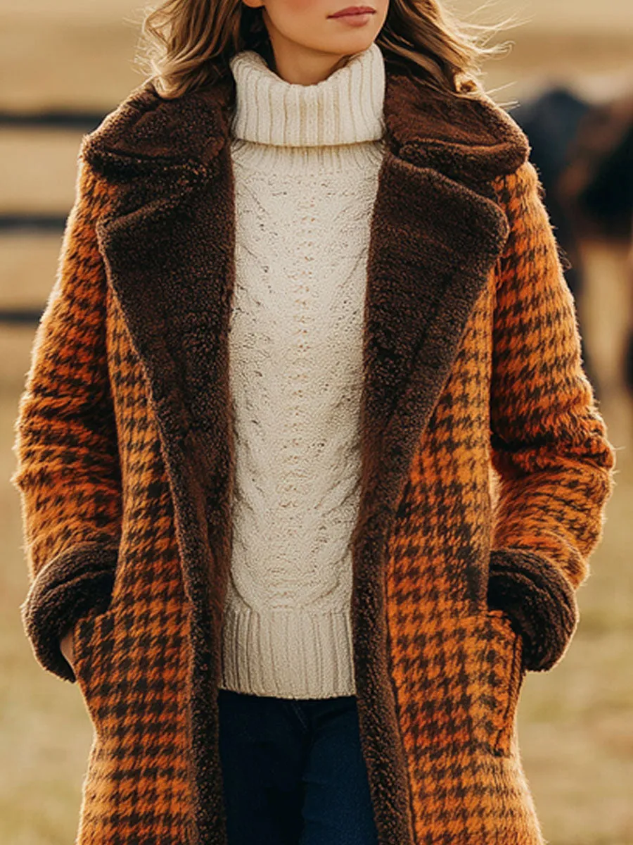 Western Retro Polar Fleece Lining Orange Houndstooth Wool Long Coat sold by Oyrosy product image thumbnail 3