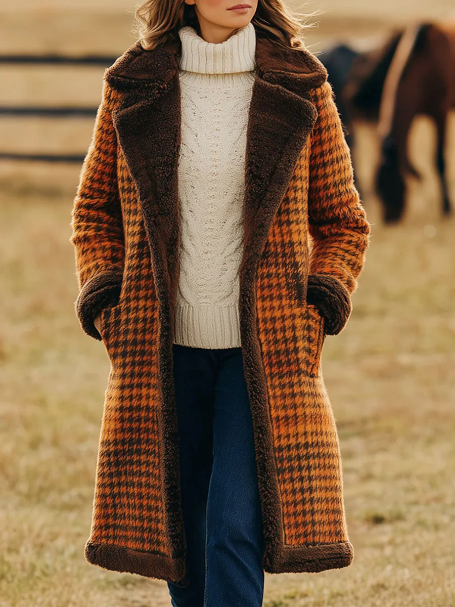 Western Retro Polar Fleece Lining Orange Houndstooth Wool Long Coat sold by Oyrosy
