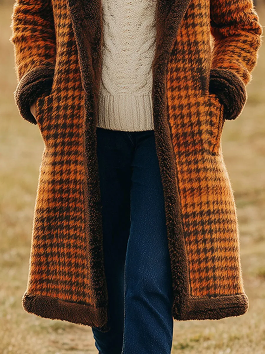 Western Retro Polar Fleece Lining Orange Houndstooth Wool Long Coat sold by Oyrosy product image thumbnail 4
