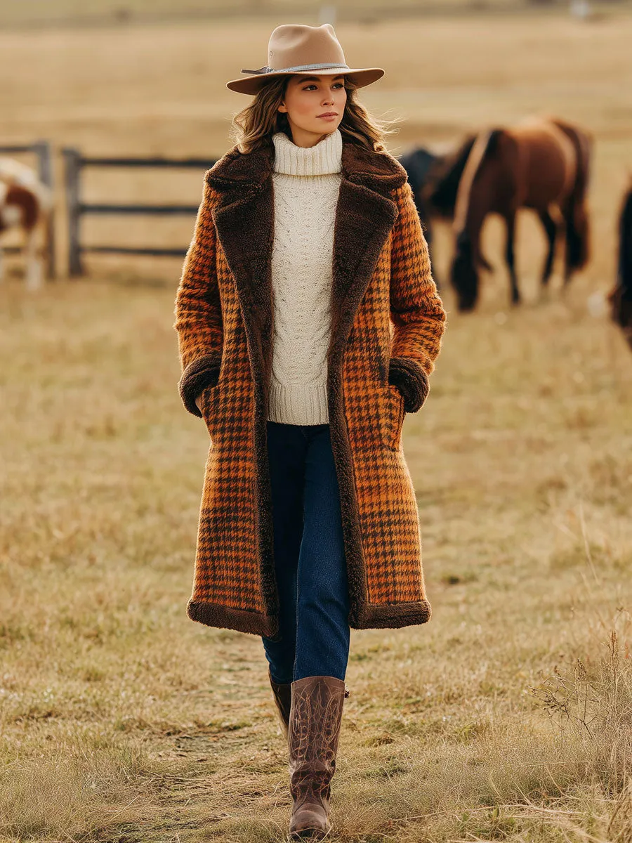 Western Retro Polar Fleece Lining Orange Houndstooth Wool Long Coat sold by Oyrosy product image thumbnail 2